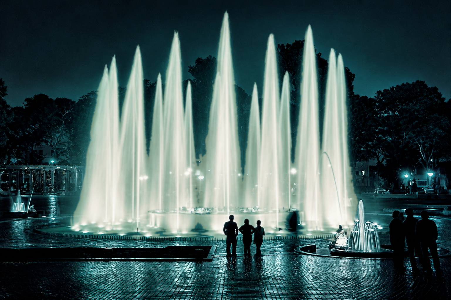 Tall illuminated fountains at Parque de la Reserva in Lima